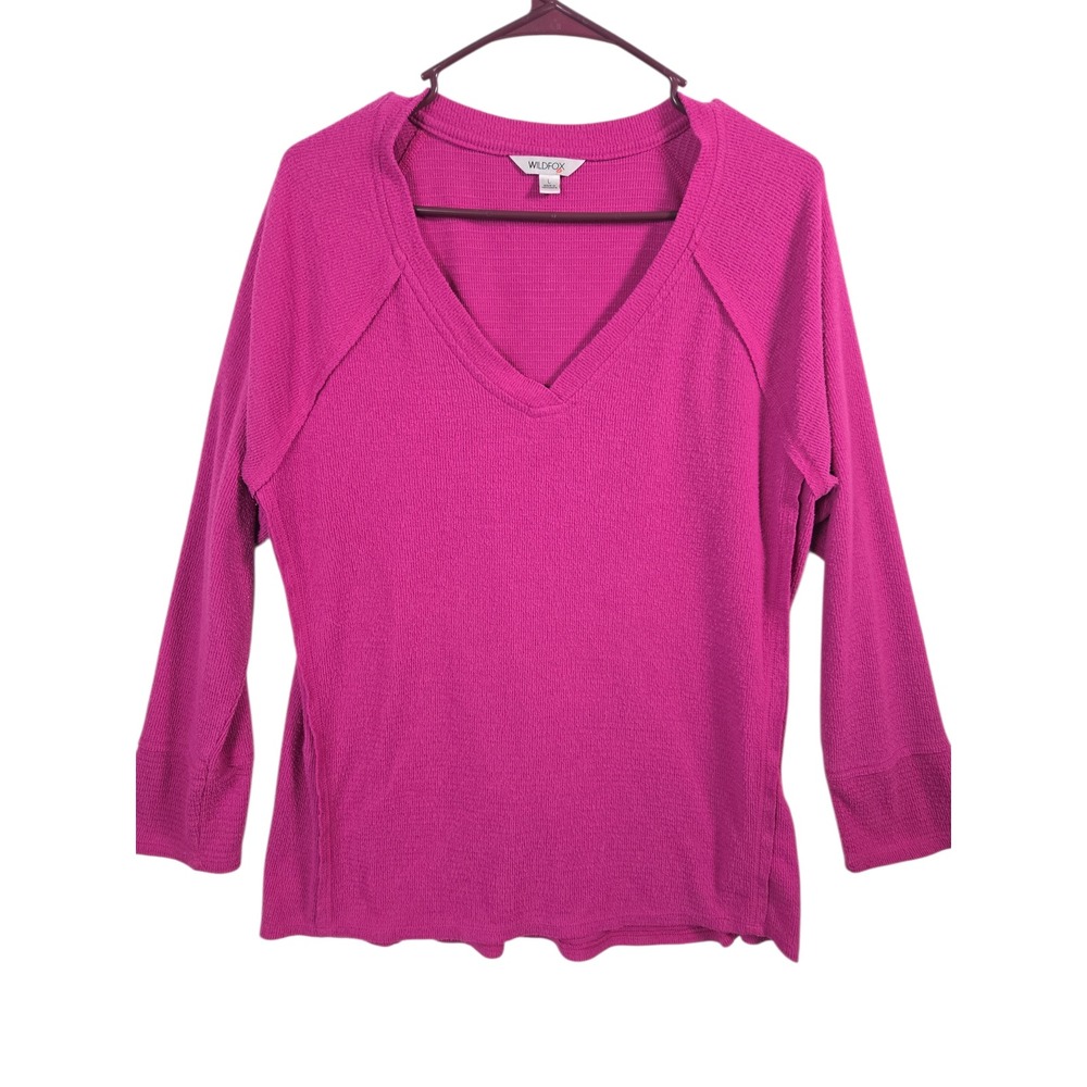 Wildfox Womens L Fuchsia Pink Thermal Top V Neck Long Sleeve Textured Y2K
